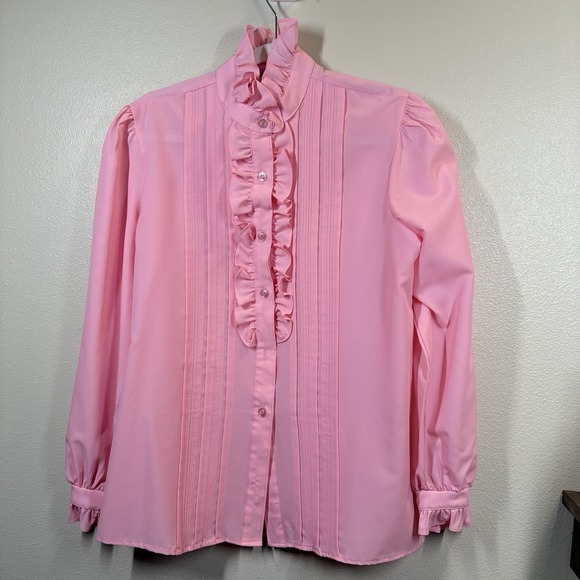 VTG 80s Pink Long Sleeve Button Up Ruffle Prairie Blouse By David Peet